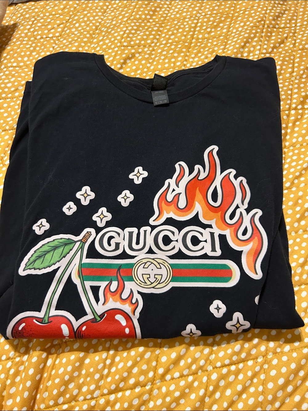 Gildan Black Tee with Red Cherries, Orange Flames & Green Stripe Graphic